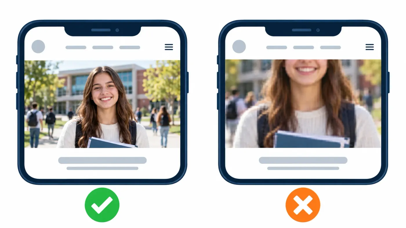 Dos celulares con la misma portada. A la izquierda, una foto horizontal y nítida de una alumna, bien encuadrada. A la derecha, una foto chica o vertical estirada para llenar el espacio: la cabeza queda cortada y la imagen se ve borrosa.