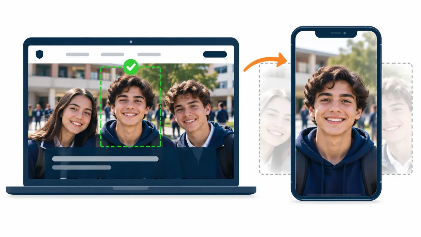 La misma portada en una computadora y en un celular: en la computadora se ven tres alumnos; en el celular solo el del centro, los de los lados quedan fuera.